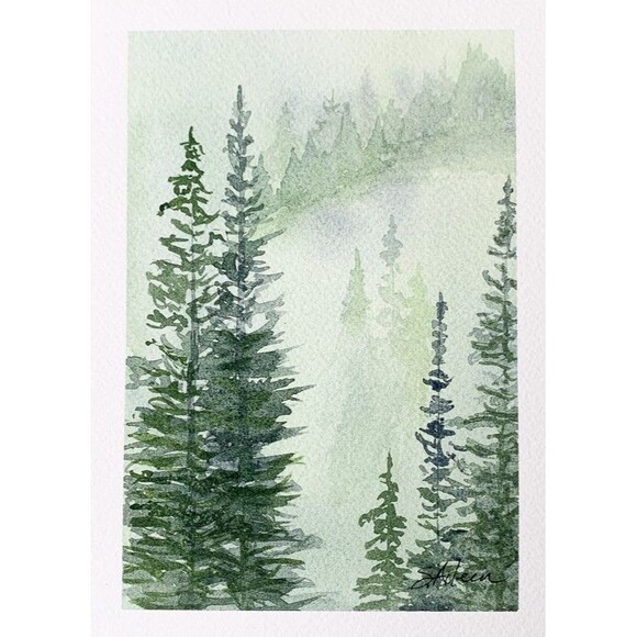 Original Watercolor Painting Misty Foggy Pines 5x7 Moody Forest Landscape Signed - Picture 1 of 3